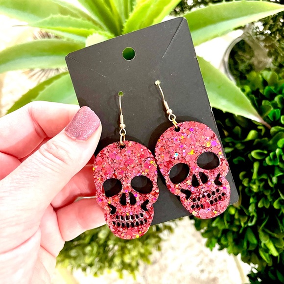 Pink Acrylic Skull Earrings - Picture 4 of 4